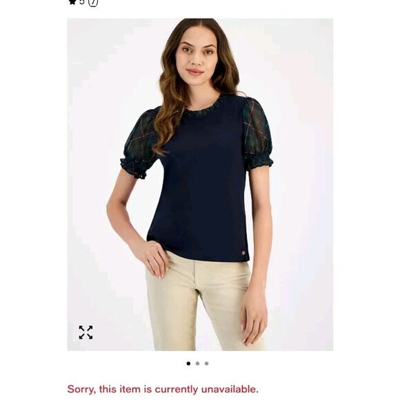 New~ Women's Tommy Hilfiger Plaid Trim Puffed Sleeve Top Medium - Picture 8 of 8